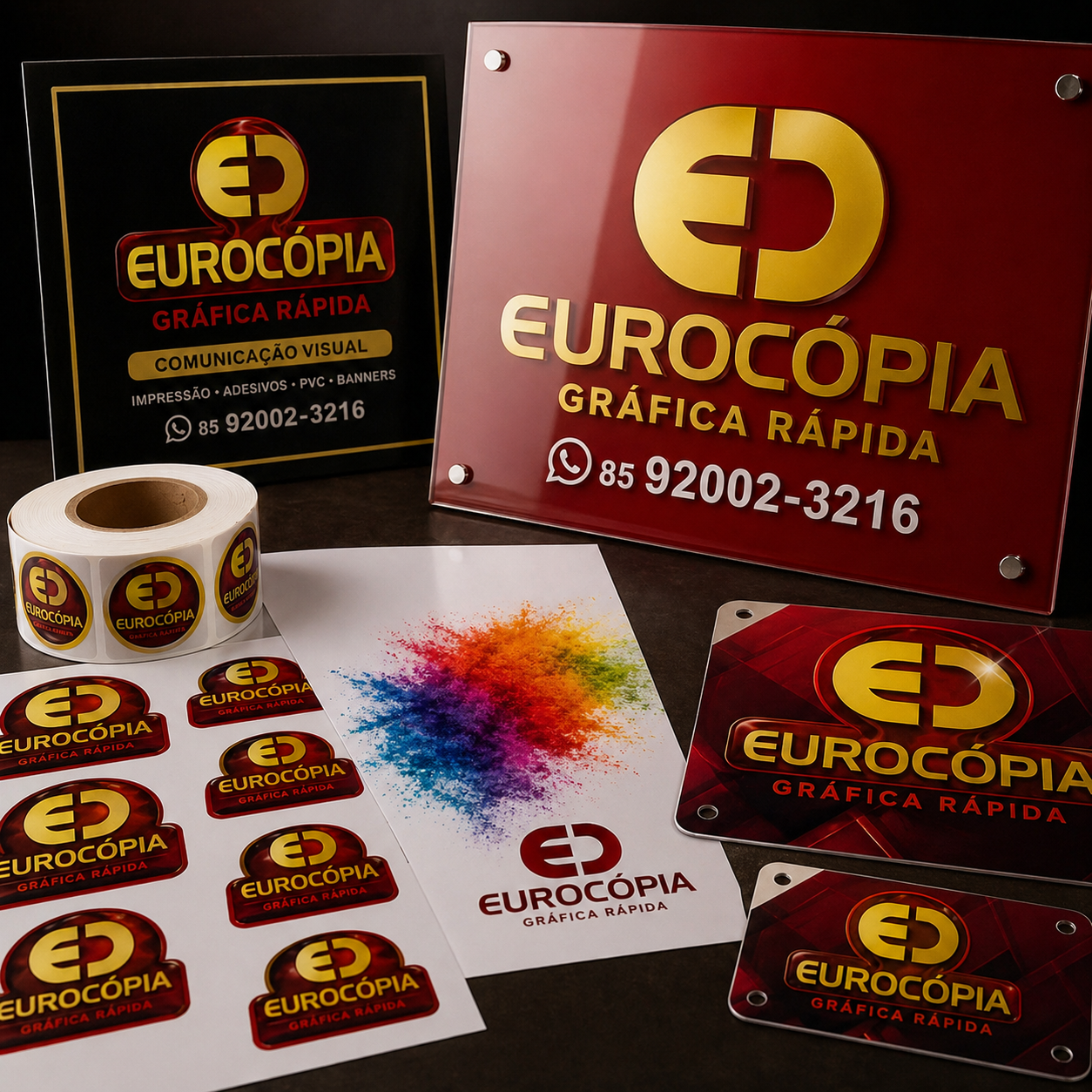 Mockup real de adesivos e placas PVC da Eurocópia