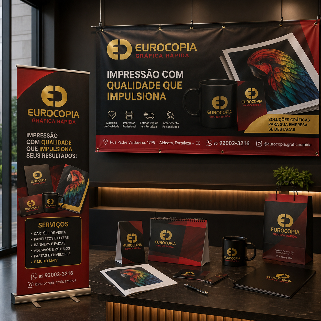 Mockup real de banner e faixa da Eurocópia